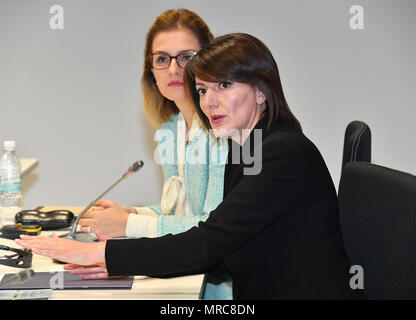 Former President of Kosovo Atifete Jahjaga shares her perspectives of women in the security decision making process in Kosovo during a seminar tailored for European parliamentarians from eastern Europe on gender and security.  The seminar took place at the George C. Marshall European Center, May 22-23, 2017. Behind her is Marshall Center Black Sea and Eurasia Program Director Valbona Zeneli. (Marshall Center photo by Karlheinz Wedhorn) Stock Photo