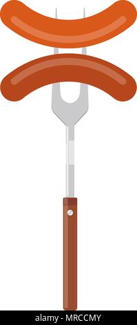 Sausage on barbecue fork. Grilled sausage. Vector illustration flat design. Isolated on white background. Stock Vector