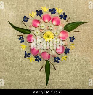 Simple fresh flower mandala on canvas fabric background. Yellow and white daisies combine with pink petals and green leaves in a symmetrical pattern. Stock Photo