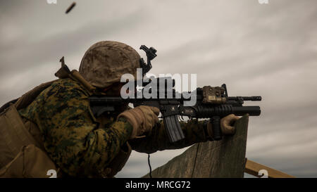 ADAZI, Latvia – Sgt. Nicholas Zollinger, a section leader with Charlie Company, 4th Light Armored Reconnaissance Battalion, 4th Marine Division, Marine Forces Reserve, fires rounds down range, in the Adazi Training Area, Latvia, June 5, 2017 . Exercise Saber Strike 17 is an annual combined-joint exercise conducted at various locations throughout the Baltic region and Poland. The combined training prepares NATO Allies and partners to effectively respond to regional crises and to meet their own security needs by strengthening their borders and countering threats. (U.S. Marine Corps photo by Cpl. Stock Photo