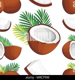 Seamless pattern. Coconut illustration. Whole and pieces coconuts with green palm leaves. Organic food ingredient, natural tropical product. Vector il Stock Vector