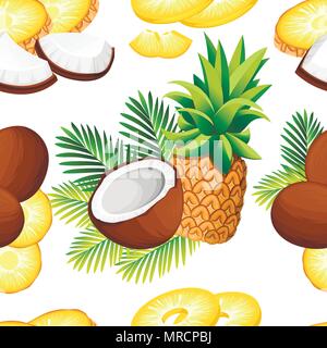 Seamless pattern. Coconut and pineapple illustration. Pieces coconuts and pineapples with green leaves. Organic food ingredient, natural tropical prod Stock Vector