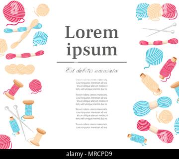 Sewing needle and threads. Thread spool, ball of yarn. Vector illustration on white background. Place for your text. Stock Vector