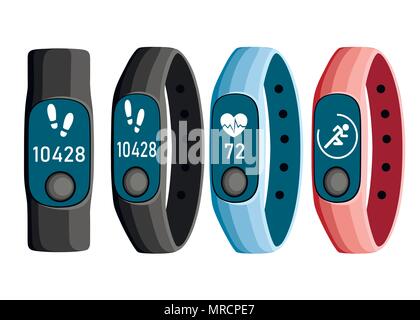 Vector illustration of sport accessories. Collection of smart band. Flat cartoon wristband with running activity steps counter and heartbeat pulse met Stock Vector