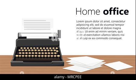 Illustration of typewriter. Black retro typewriter with sheets of paper on wooden table. Vector illustration on white background. Place for your text. Stock Vector