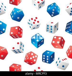Seamless pattern. Vector casino dice collection of authentic icons. Red, blue and white poker cubes. Several positions. Vector illustration on white b Stock Vector