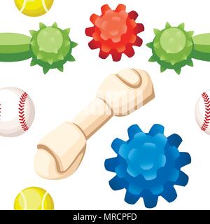 Seamless pattern. Pet toys collection. Balls and rubber bones for dogs. Accessories for dog. Flat vector illustration. Products for the pet shop. Vect Stock Vector