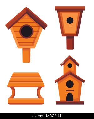 Set of wooden birdhouses. Nesting boxes cartoon style. Homemade building for birds, handmade object. Flat vector illustration isolated on white backgr Stock Vector
