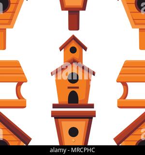 Seamless pattern of wooden birdhouses. Nesting boxes cartoon style. Homemade building for birds, handmade object. Flat vector illustration on white ba Stock Vector
