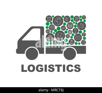 Color circles, flat icons in a truck shape distribution, delivery, service, shipping, logistic, transport, market concepts. Abstract background with connected objects. Vector illustration Stock Vector