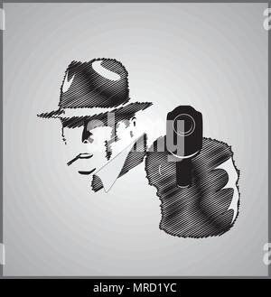 Gangster in shadow with gun vector illustration scribble Stock Vector