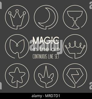 Set of magic fantasy continuous line art icons: crown, moon, holy grail, mermaid tail, star, unicorn horn, diamond Stock Vector