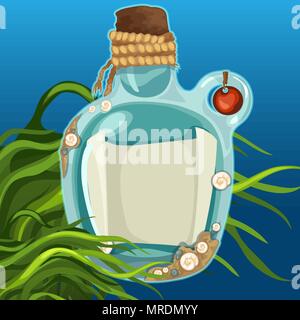 Blue bottles closed with cork on the seabed. Message in a bottle with space for your text. Vector illustration. Stock Vector