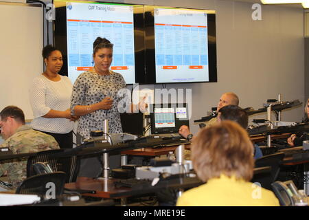 Toni Pisciotta, right, an individual training specialist, and Tracy Manassa, left, a cyber planner, assigned to the 780th Military Intelligence (MI) Brigade operations (S-3) training and exercise section, talk to educators from the Southwestern United States and Soldiers from the U.S. Army 5th Recruiting Brigade, Fort Sam Houston, Texas, about the brigade's cyber mission force training model as part of an educator's Science, Technology, Engineering, and Math tour, at the MI brigade headquarters, Fort George Meade, Maryland, May 3. Stock Photo