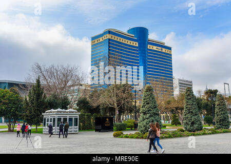 Baku, Azerbaijan - March 11, 2018: View of Baku boulevard and Hilton Hotel in spring Stock Photo