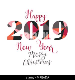 Happy New Year 2019 design elements for design of gift cards, flyers, posters. geometrical floral pattern for hipsters. Lettering Stock Vector