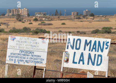 No mans land and restricted area of the UN buffer zone in the green line dividing north and south Cyprus at Famagusta Stock Photo