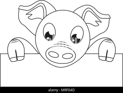 Line art black white pig with horizontal poster Stock Vector