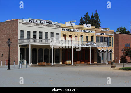 Historic wooden storefronts in old Sacramento's central business district. Stock Photo