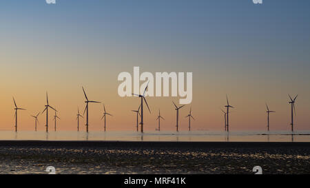 Windfarm on Redcar coastline. Sunets and low tide. Stock Photo