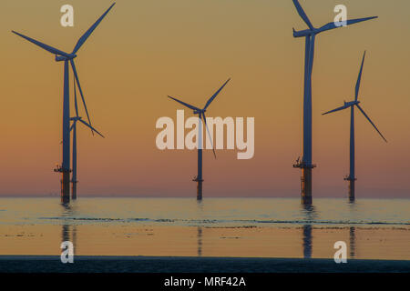 Windfarm on Redcar coastline. Sunets and low tide. Stock Photo