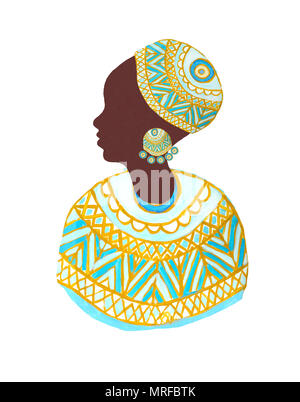 African young woman in ethnic headdress, earrings and cloth with bright colored tribal pattern, isolated on white background. Suitable for social medi Stock Photo