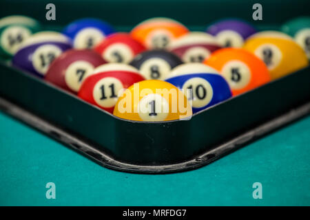 Billiard balls arranged in a triangle viewed from above Stock Photo