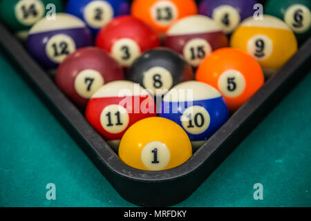 Billiard balls arranged in a triangle viewed from above Stock Photo