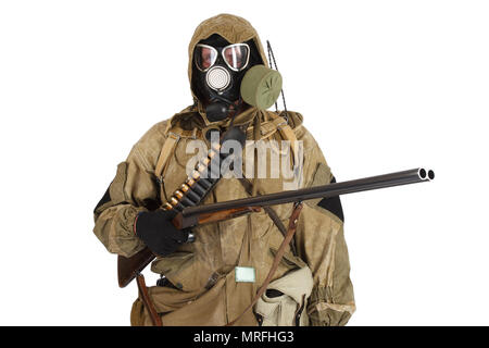 Stalker in gas mask with weapon isolated on white