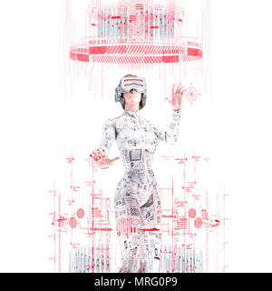 Virtual reality female user white / 3D illustration of female figure in virtual gear working in bright white virtual environment Stock Photo