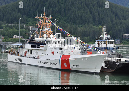 The crew of the Coast Guard Cutter Bailey Barco gathers on deck during the vessel's commissioning ceremony in Juneau, Alaska, June 14, 2017.  The CGC Bailey Barco is the second fast response cutter in Alaska and homeports in Ketchikan.  Coast Guard photo by Petty Officer 1st Class Jon-Paul Rios. Stock Photo