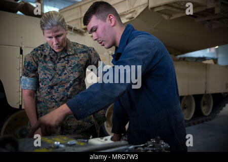 Brig. Gen. Helen Pratt, 4th Marine Logistics Group Commanding General, discusses engine maintenance with a Marine from Combat Logistics Battalion 451 during the Personnel Temporary Augmentee Program (PTAP), June 14, 2017 in Stjørdal, Norway. The PTAP program provided reserve Marines hands-on training in maintenance of Marine Corps Prepositioning Program (MCPP-N) equipment for their two-week annual training. The forward positioning of equipment through the MCPP-N reduces operational reaction time by eliminating the need to deploy equipment from locations in the continental United States. (U.S. 
