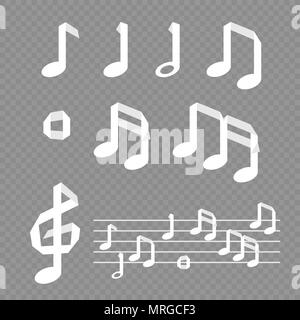 Paper music origami note on transparent gray background. Handmade musical treble clef and notes on staff melody Stock Vector