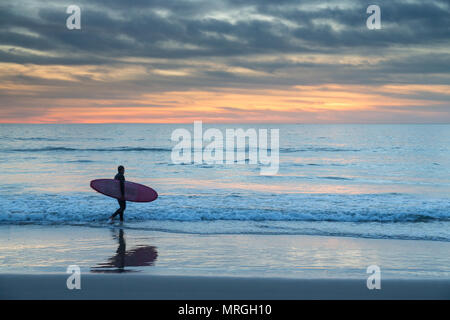 A longboard surfer walks into the ocean in Manhattan Beach, California on a cloudy day, ready to get a few waves before dark. Stock Photo