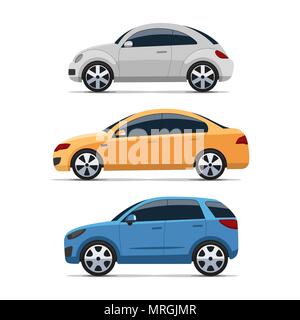 Car side view vector set, colorful flat style Stock Vector