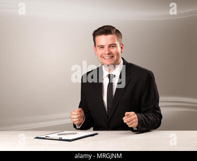 Televison presenter host in live show with blank background Stock Photo