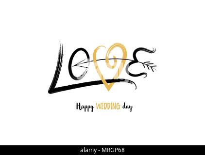 Love. Happy Wedding day. Minimalist hand drawn greeting card with golden heart and arrow. Vector illustration. Stock Vector