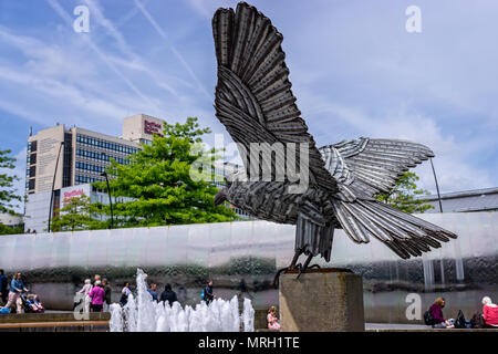 Steel statue of peregrine falcon taken outside Sheffield Railway Station in Sheffield, Yorkshire, UK on 18 May 2018 Stock Photo