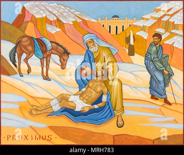 BOLOGNA, ITALY - APRIL 18, 2018: The icon of Parable of the Good Samaritan in church  Chiesa di San Pietro by Giovanni Paolo Bardini. Stock Photo