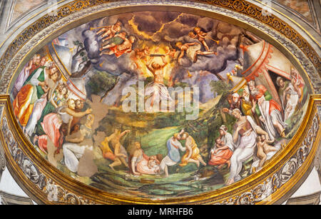 PARMA, ITALY - APRIL 16, 2018: The fresco Moses Receives the Ten Commandments on Two Tablets of Stone in side apse of Duomo by Pomponio Allegri Stock Photo