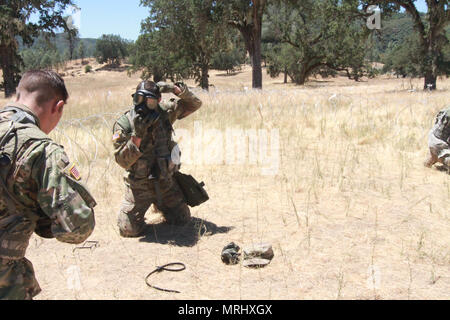 Soldiers from the 357th Military Police Company, 200th Military Police Command don protective masks in reaction to a simulated gas attack at Fort Hunter Liggett, Calif., June 16, 2017. More than 3000 U.S. Army Reserve soldiers are participating in the 84th Training Command's Warrior Exercise (WAREX) 19-17-03 at Fort Hunter Liggett, Calif.; the WAREX is a large-scale collective training platform to generate capable, lethal and combat ready forces. U.S. Army photo by Capt. Patrick Cook. Stock Photo