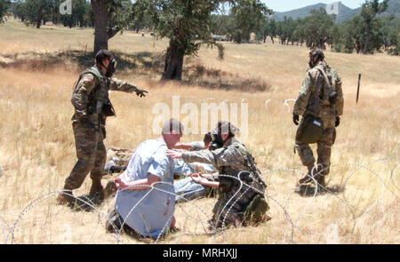 Soldiers from the 357th Military Police Company, 200th Military Police Command secure detainees after a simulated gas attack at Fort Hunter Liggett, Calif., June 16, 2017. More than 3000 U.S. Army Reserve soldiers are participating in the 84th Training Command's Warrior Exercise (WAREX) 19-17-03 at Fort Hunter Liggett, Calif.; the WAREX is a large-scale collective training platform to generate capable, lethal and combat ready forces. U.S. Army photo by Capt. Patrick Cook. Stock Photo