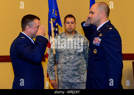 Lt. Col. Brett DeAngelis takes command of the 1st Special Operations Air Operations Squadron from Lt. Col. Aaron Ffrench during a Change of Command ceremony at Hurlburt Field, Fla., June 20, 2017. (U.S. Air Force photo by Staff Sgt. Victor J. Caputo) Stock Photo