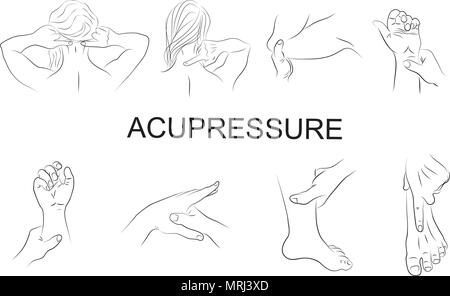 illustration of the techniques of acupressure. Oriental medicine Stock Vector