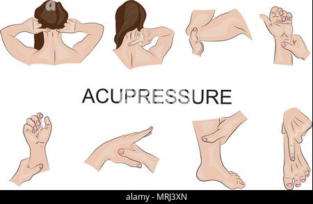 illustration of the techniques of acupressure. Oriental medicine Stock Vector