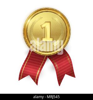 Golden realistic medal with red ribbons isolated on white backgr Stock Vector
