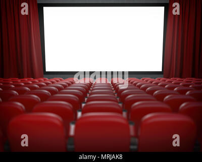 Movie theater with cinema blank screen and rows of red seats. 3d illustration Stock Photo