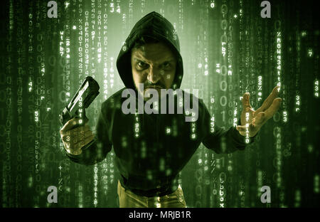 Masked and armed anonymous hacker breaking in cyber security cloud data concept  Stock Photo