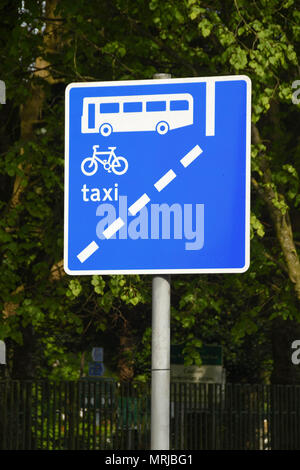 blue bus, cycle, taxi lane sign in a UK town centre Stock Photo - Alamy