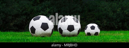 Three soccer balls stand in a row on the green grass. Sport game Stock Photo